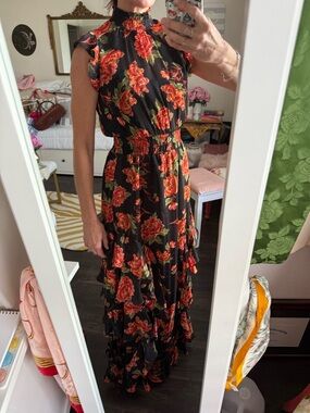 Black Floral Maxi Dress Smocked Waist Ruffle Romantic Wedding Guest Sz 0